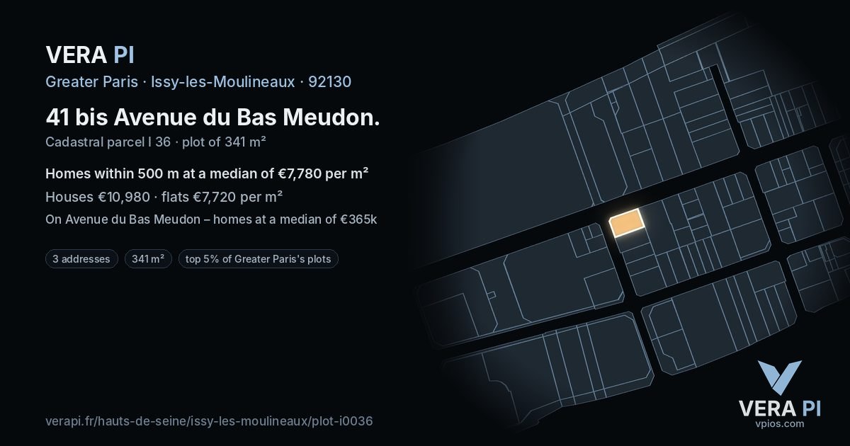41 bis Avenue du Bas Meudon, Issy-les-Moulineaux at night – the plot lit, the parcels around coloured by the prices near them