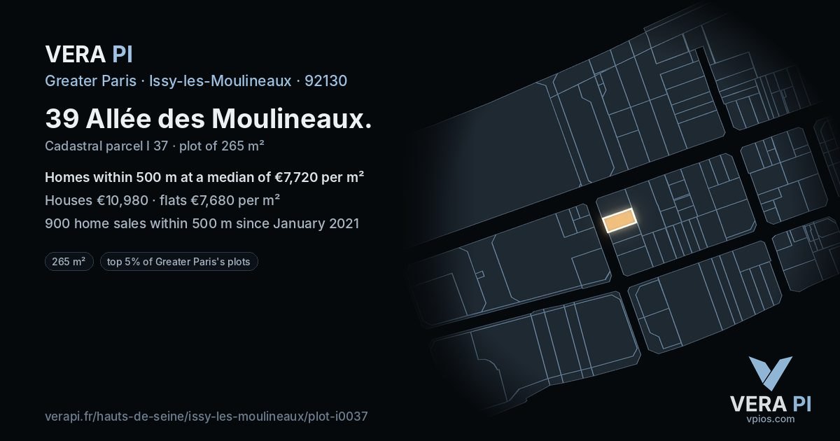 39 Allée des Moulineaux, Issy-les-Moulineaux at night – the plot lit, the parcels around coloured by the prices near them