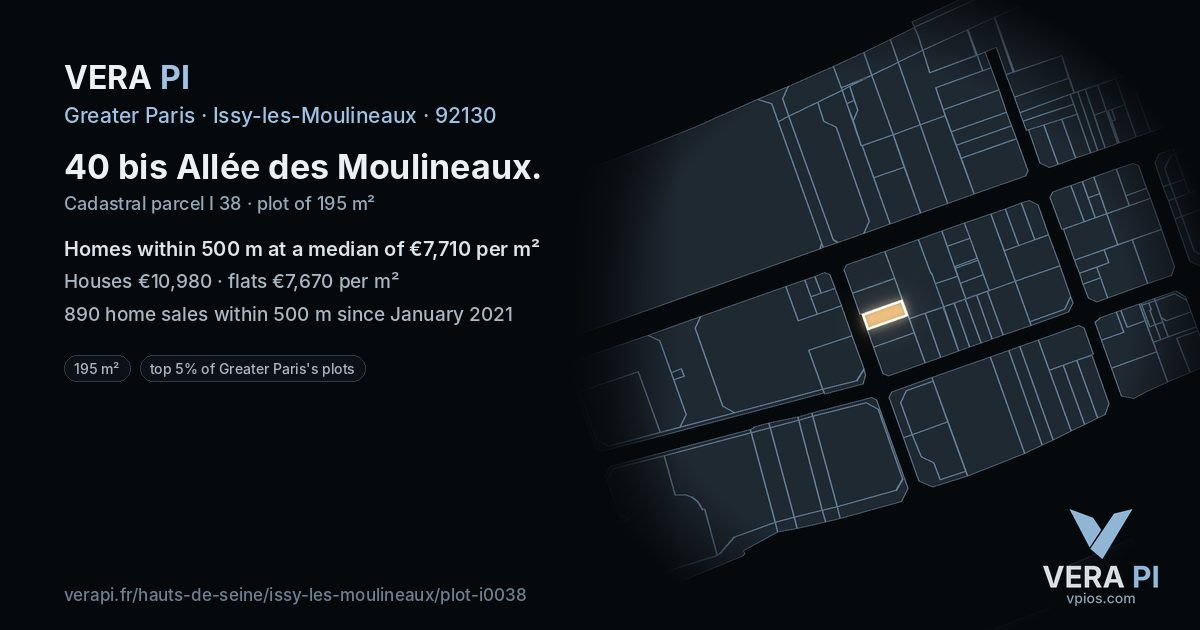 40 bis Allée des Moulineaux, Issy-les-Moulineaux at night – the plot lit, the parcels around coloured by the prices near them