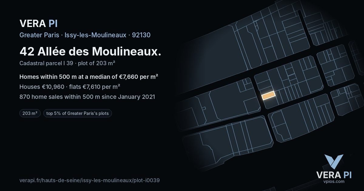 42 Allée des Moulineaux, Issy-les-Moulineaux at night – the plot lit, the parcels around coloured by the prices near them