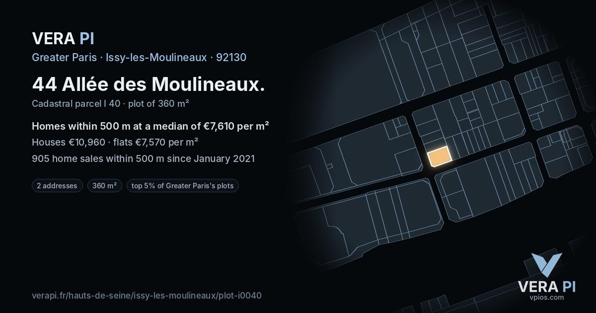 44 Allée des Moulineaux, Issy-les-Moulineaux at night – the plot lit, the parcels around coloured by the prices near them