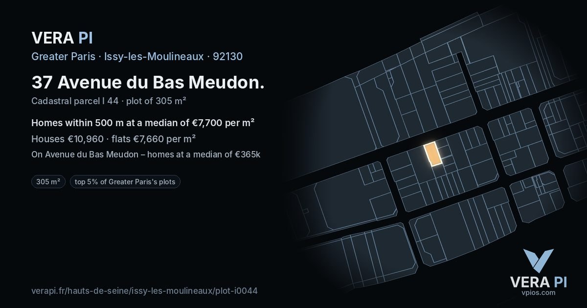 37 Avenue du Bas Meudon, Issy-les-Moulineaux at night – the plot lit, the parcels around coloured by the prices near them