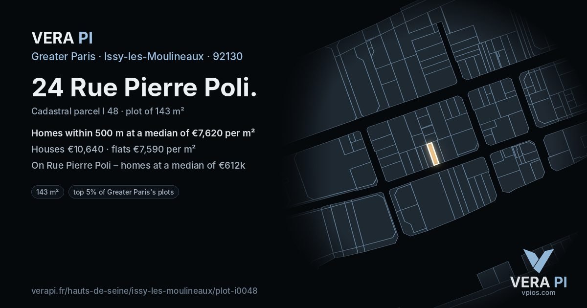 24 Rue Pierre Poli, Issy-les-Moulineaux at night – the plot lit, the parcels around coloured by the prices near them