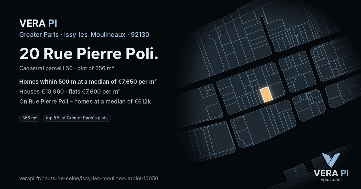 20 Rue Pierre Poli, Issy-les-Moulineaux at night – the plot lit, the parcels around coloured by the prices near them