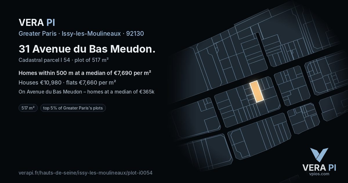 31 Avenue du Bas Meudon, Issy-les-Moulineaux at night – the plot lit, the parcels around coloured by the prices near them