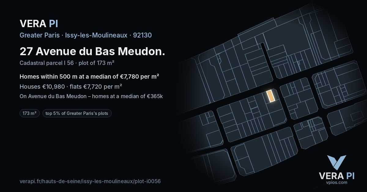 27 Avenue du Bas Meudon, Issy-les-Moulineaux at night – the plot lit, the parcels around coloured by the prices near them