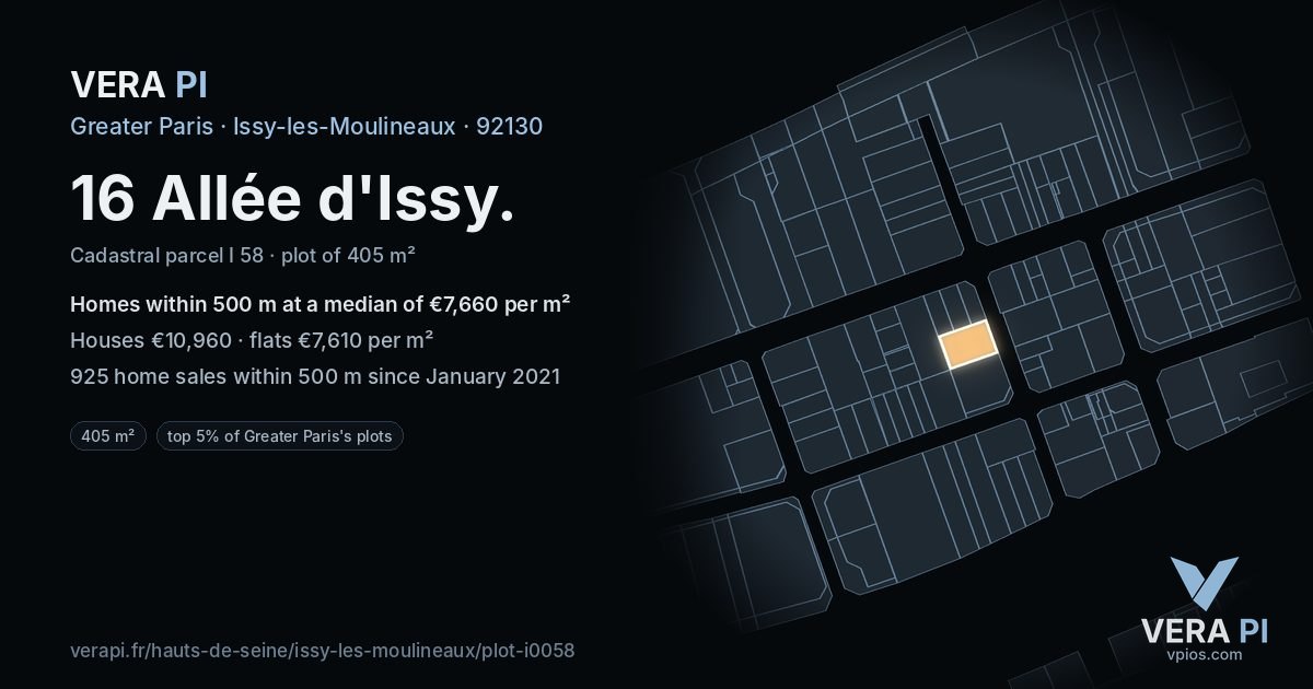 16 Allée d'Issy, Issy-les-Moulineaux at night – the plot lit, the parcels around coloured by the prices near them