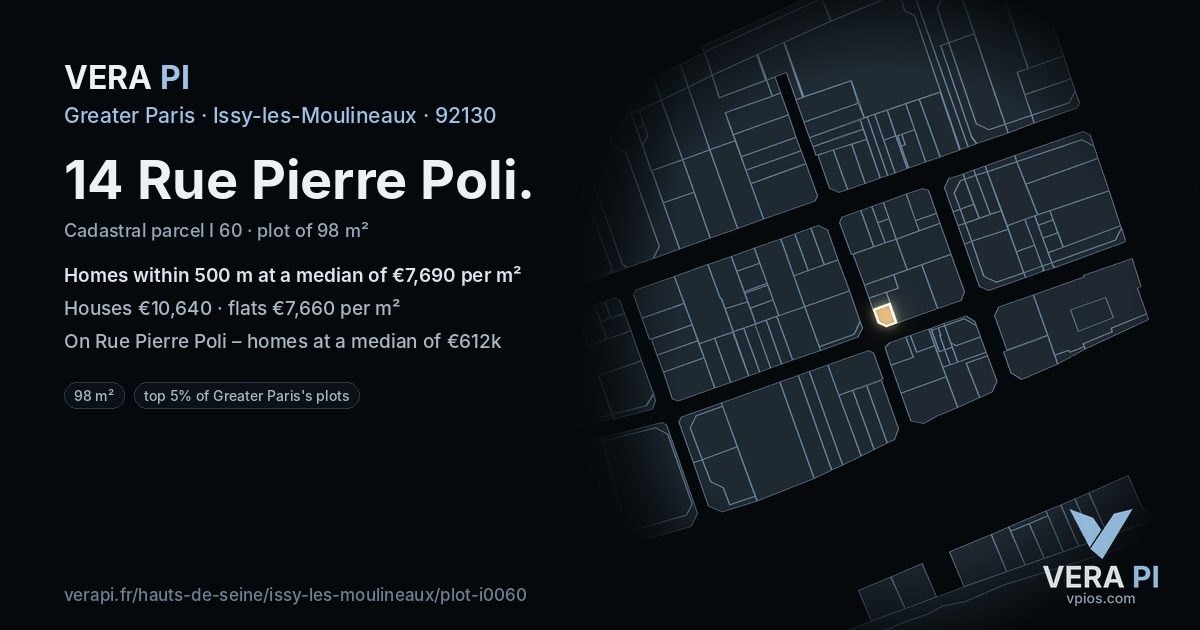 14 Rue Pierre Poli, Issy-les-Moulineaux at night – the plot lit, the parcels around coloured by the prices near them