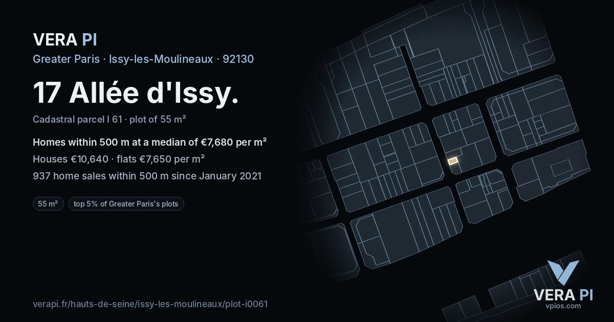 17 Allée d'Issy, Issy-les-Moulineaux at night – the plot lit, the parcels around coloured by the prices near them