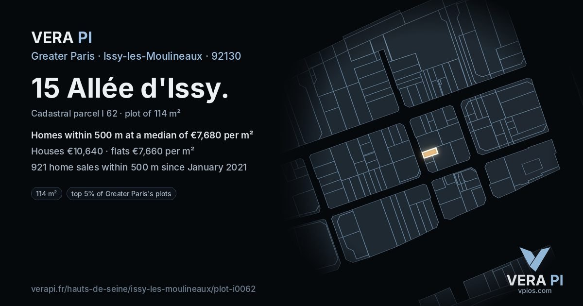 15 Allée d'Issy, Issy-les-Moulineaux at night – the plot lit, the parcels around coloured by the prices near them