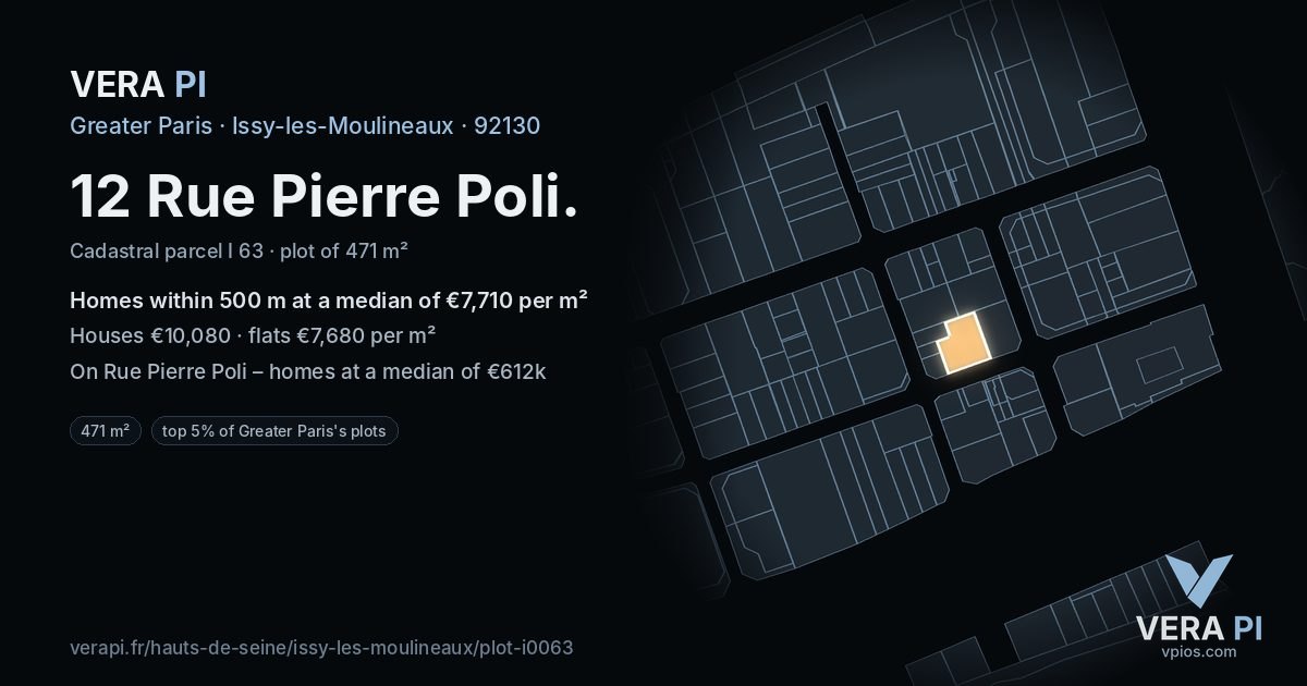 12 Rue Pierre Poli, Issy-les-Moulineaux at night – the plot lit, the parcels around coloured by the prices near them