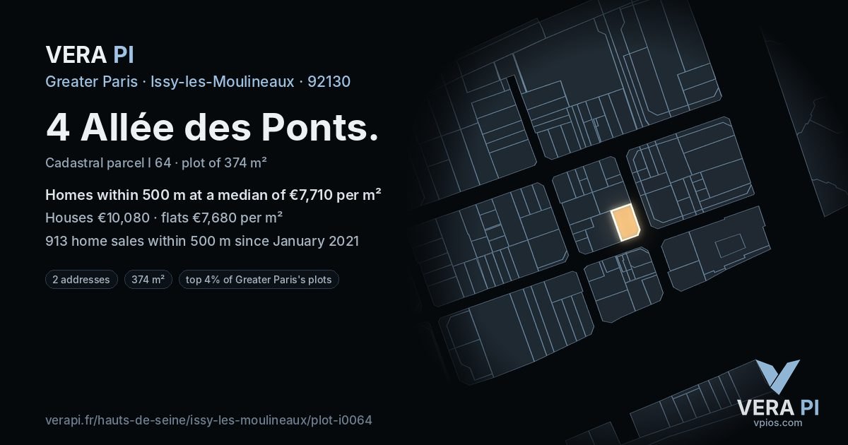 4 Allée des Ponts, Issy-les-Moulineaux at night – the plot lit, the parcels around coloured by the prices near them