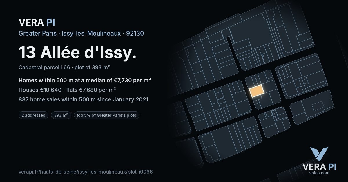 13 Allée d'Issy, Issy-les-Moulineaux at night – the plot lit, the parcels around coloured by the prices near them