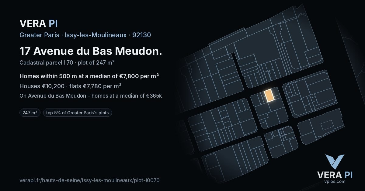 17 Avenue du Bas Meudon, Issy-les-Moulineaux at night – the plot lit, the parcels around coloured by the prices near them