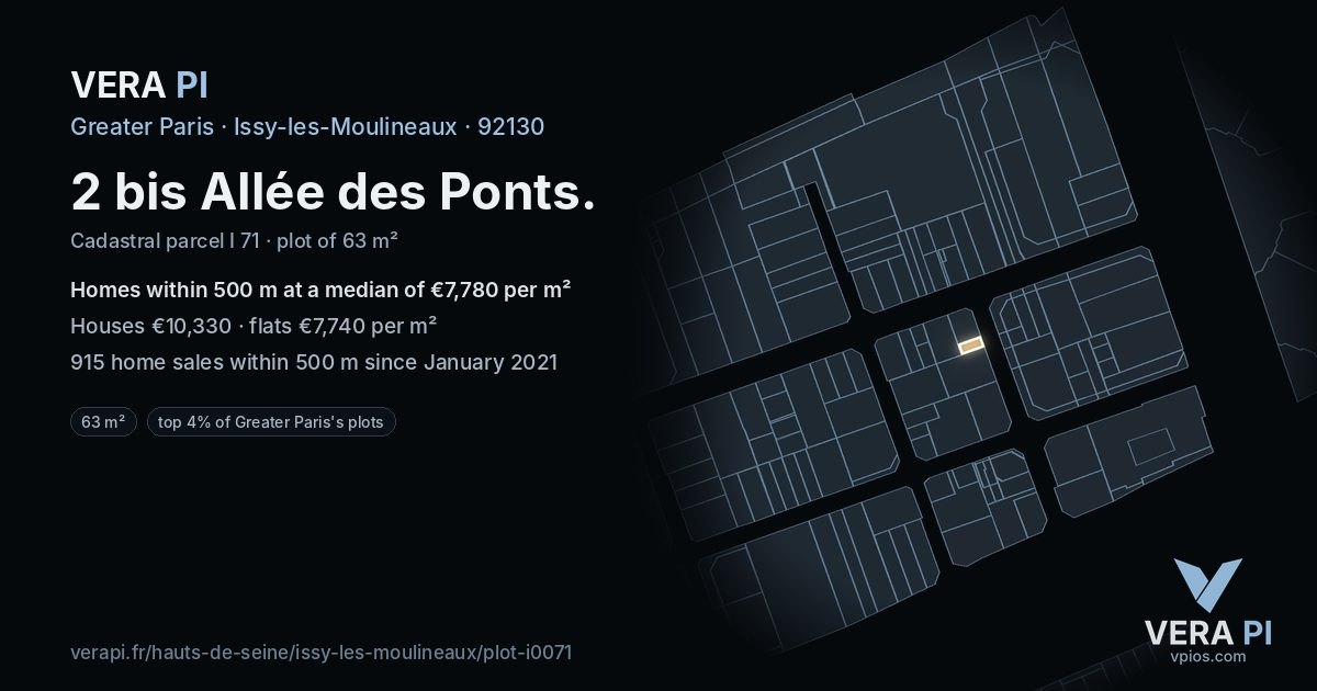 2 bis Allée des Ponts, Issy-les-Moulineaux at night – the plot lit, the parcels around coloured by the prices near them
