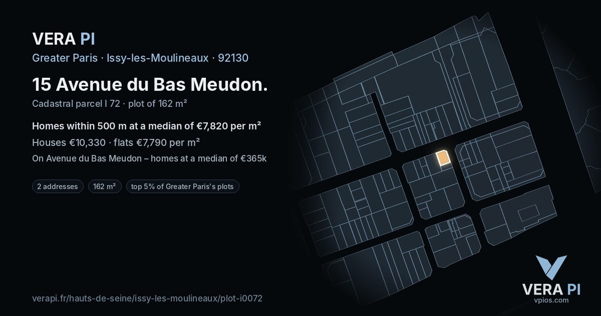 15 Avenue du Bas Meudon, Issy-les-Moulineaux at night – the plot lit, the parcels around coloured by the prices near them