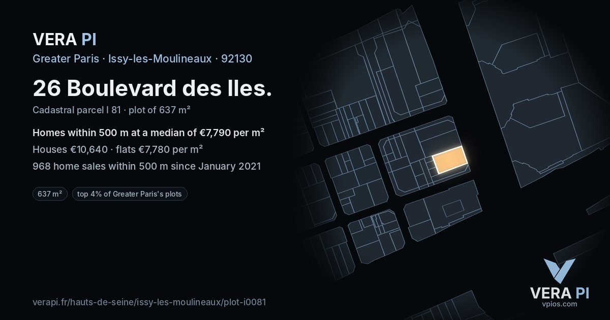 26 Boulevard des Iles, Issy-les-Moulineaux at night – the plot lit, the parcels around coloured by the prices near them
