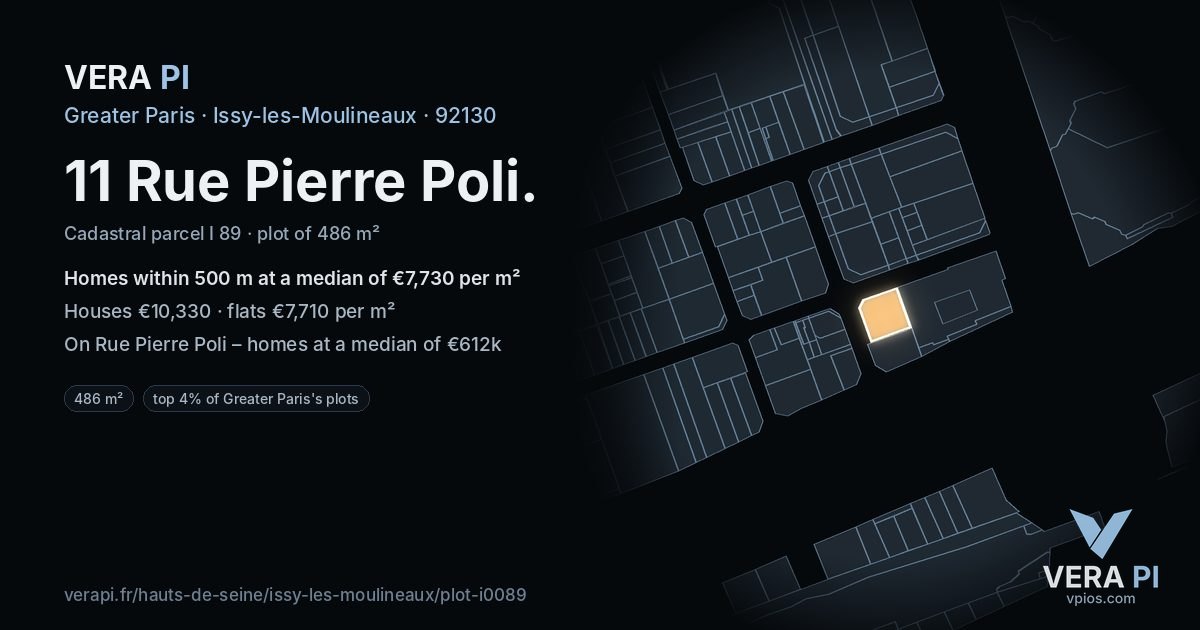 11 Rue Pierre Poli, Issy-les-Moulineaux at night – the plot lit, the parcels around coloured by the prices near them