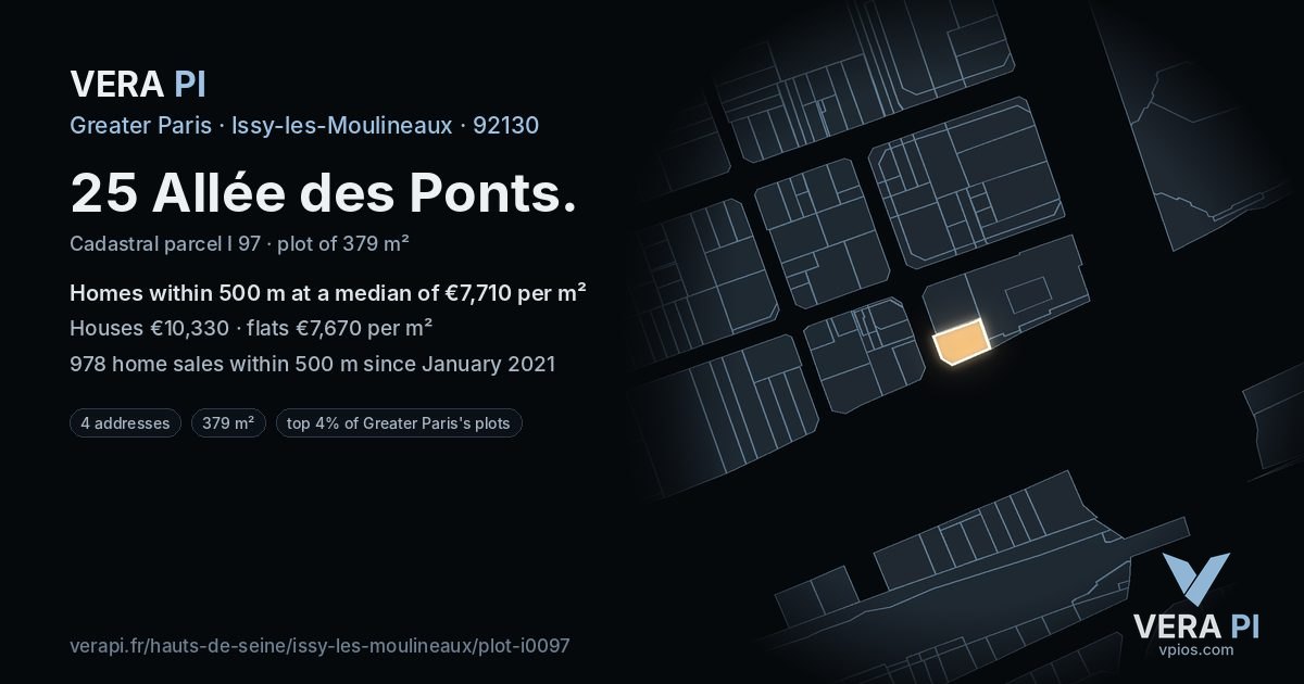 25 Allée des Ponts, Issy-les-Moulineaux at night – the plot lit, the parcels around coloured by the prices near them