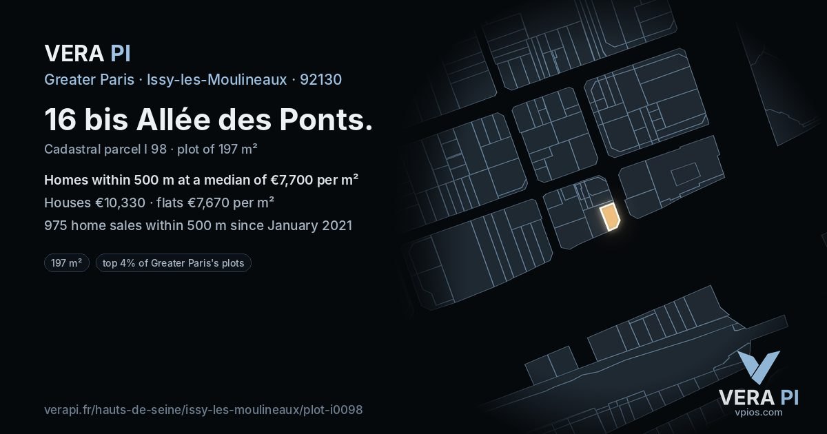 16 bis Allée des Ponts, Issy-les-Moulineaux at night – the plot lit, the parcels around coloured by the prices near them