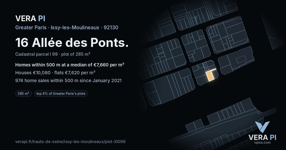 16 Allée des Ponts, Issy-les-Moulineaux at night – the plot lit, the parcels around coloured by the prices near them