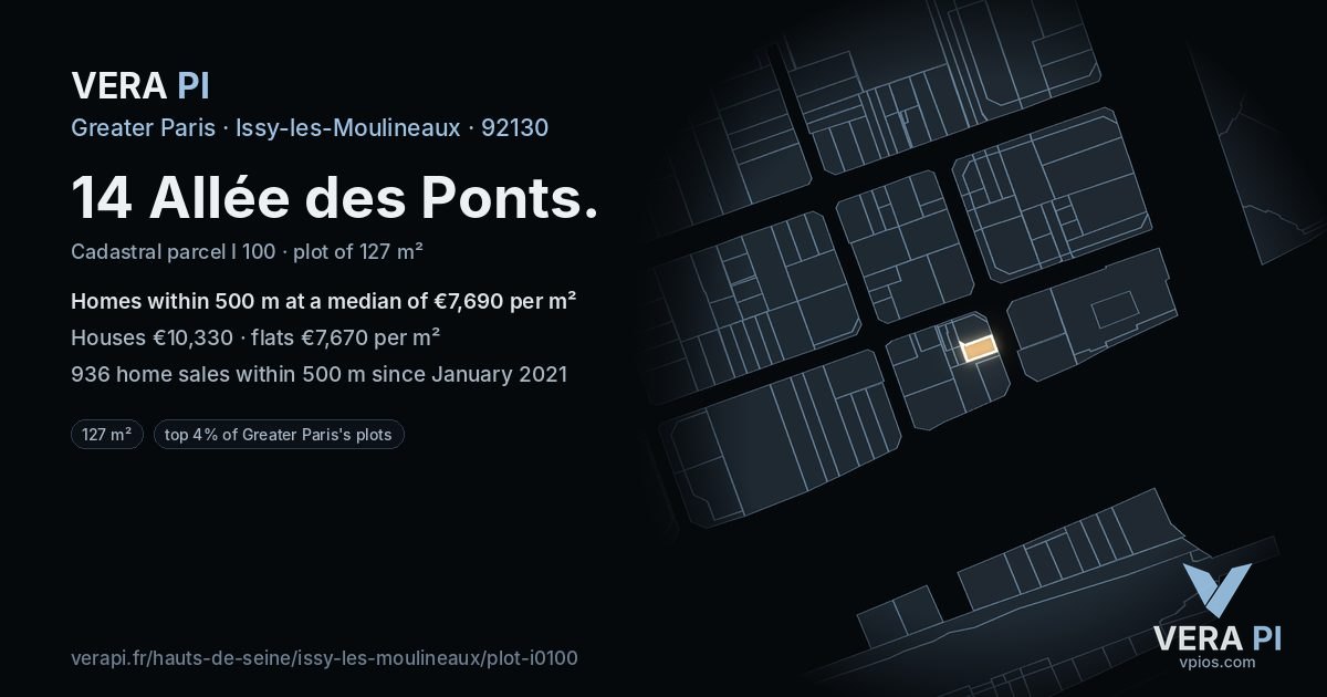 14 Allée des Ponts, Issy-les-Moulineaux at night – the plot lit, the parcels around coloured by the prices near them