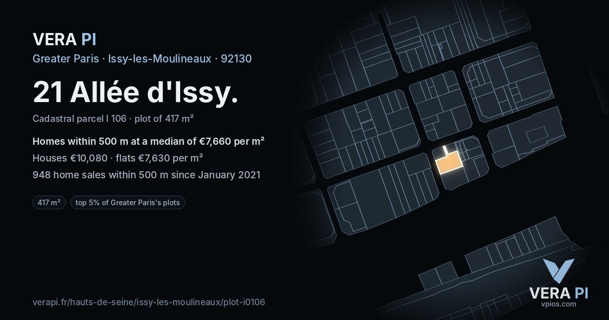 21 Allée d'Issy, Issy-les-Moulineaux at night – the plot lit, the parcels around coloured by the prices near them