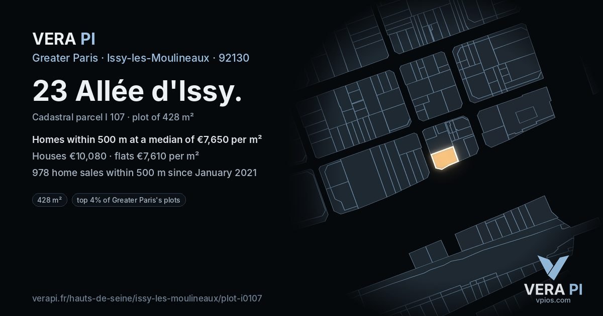 23 Allée d'Issy, Issy-les-Moulineaux at night – the plot lit, the parcels around coloured by the prices near them