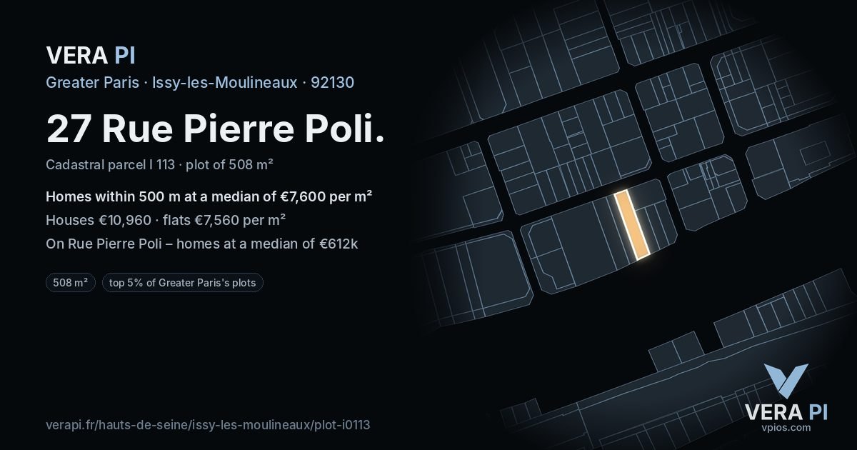 27 Rue Pierre Poli, Issy-les-Moulineaux at night – the plot lit, the parcels around coloured by the prices near them
