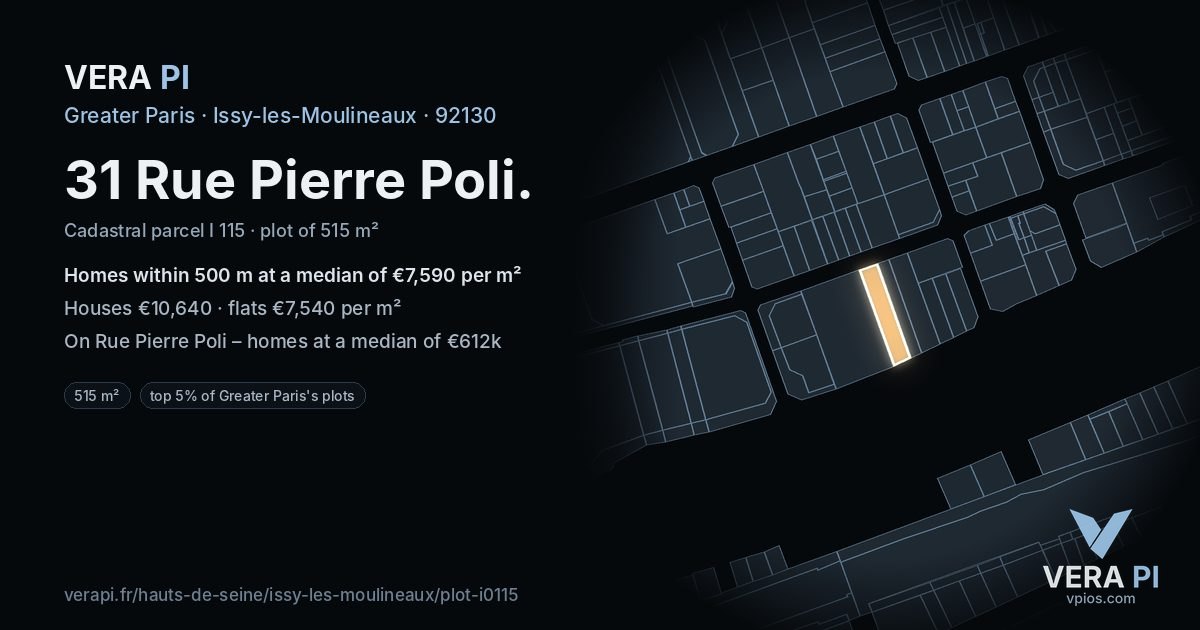 31 Rue Pierre Poli, Issy-les-Moulineaux at night – the plot lit, the parcels around coloured by the prices near them
