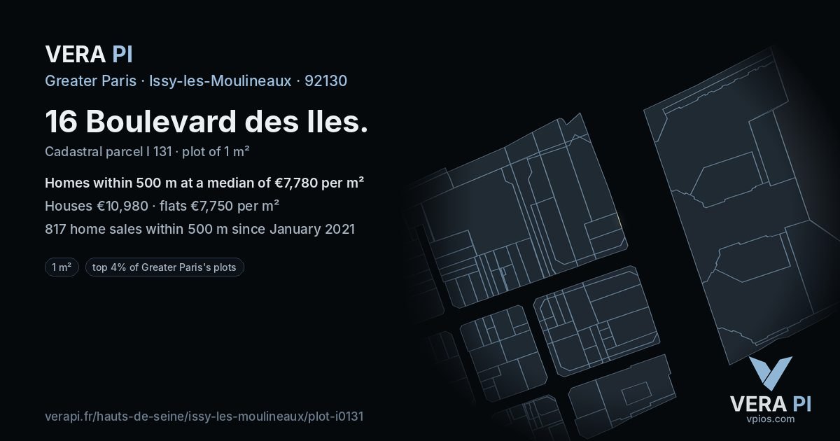 16 Boulevard des Iles, Issy-les-Moulineaux at night – the plot lit, the parcels around coloured by the prices near them