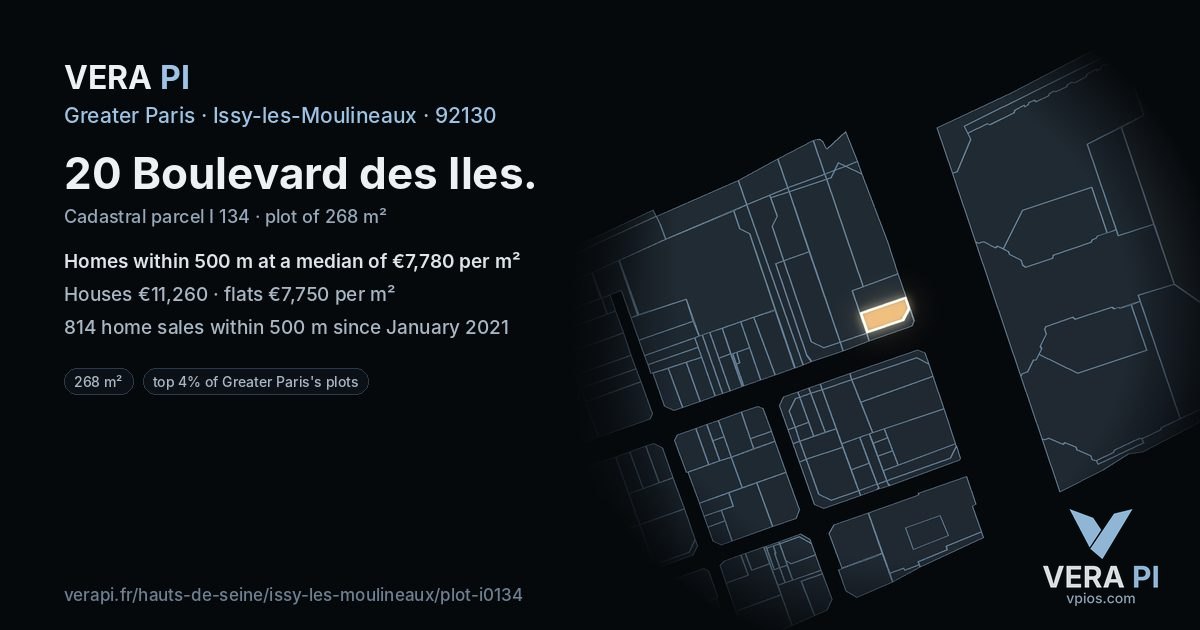 20 Boulevard des Iles, Issy-les-Moulineaux at night – the plot lit, the parcels around coloured by the prices near them