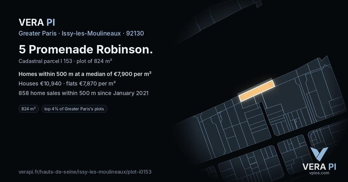 5 Promenade Robinson, Issy-les-Moulineaux at night – the plot lit, the parcels around coloured by the prices near them