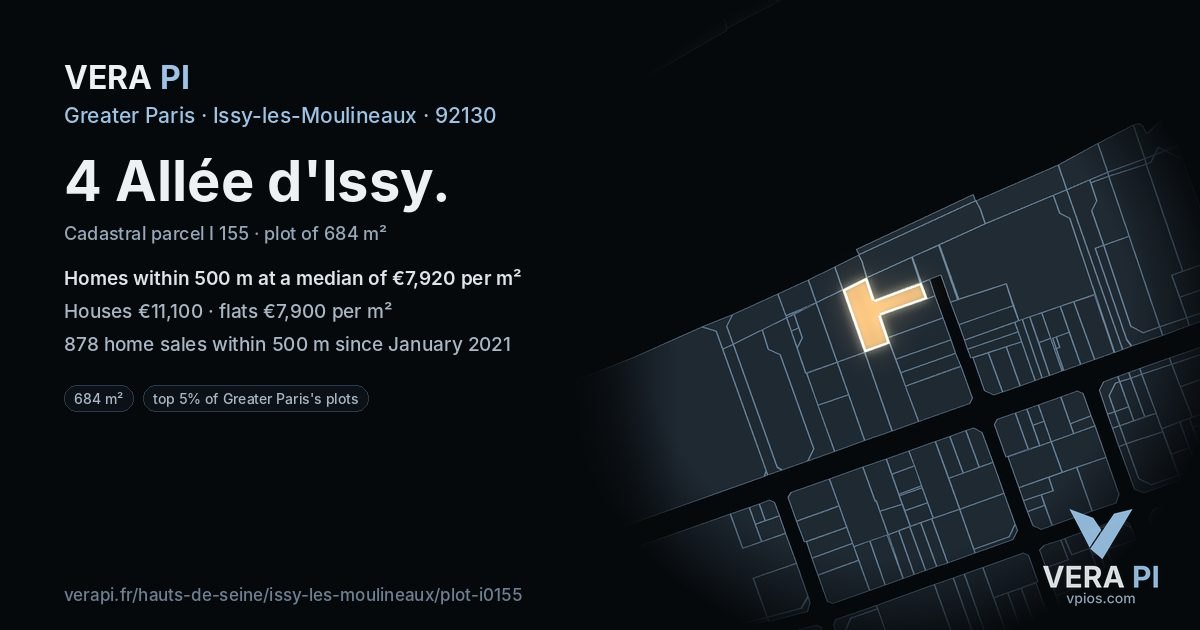 4 Allée d'Issy, Issy-les-Moulineaux at night – the plot lit, the parcels around coloured by the prices near them