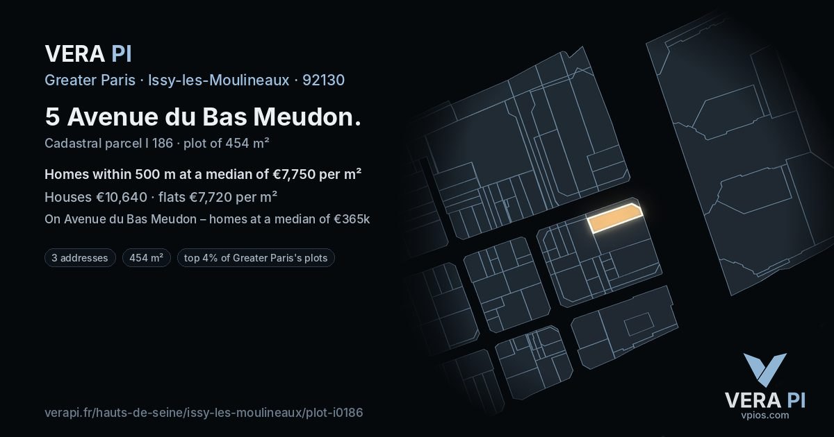 5 Avenue du Bas Meudon, Issy-les-Moulineaux at night – the plot lit, the parcels around coloured by the prices near them