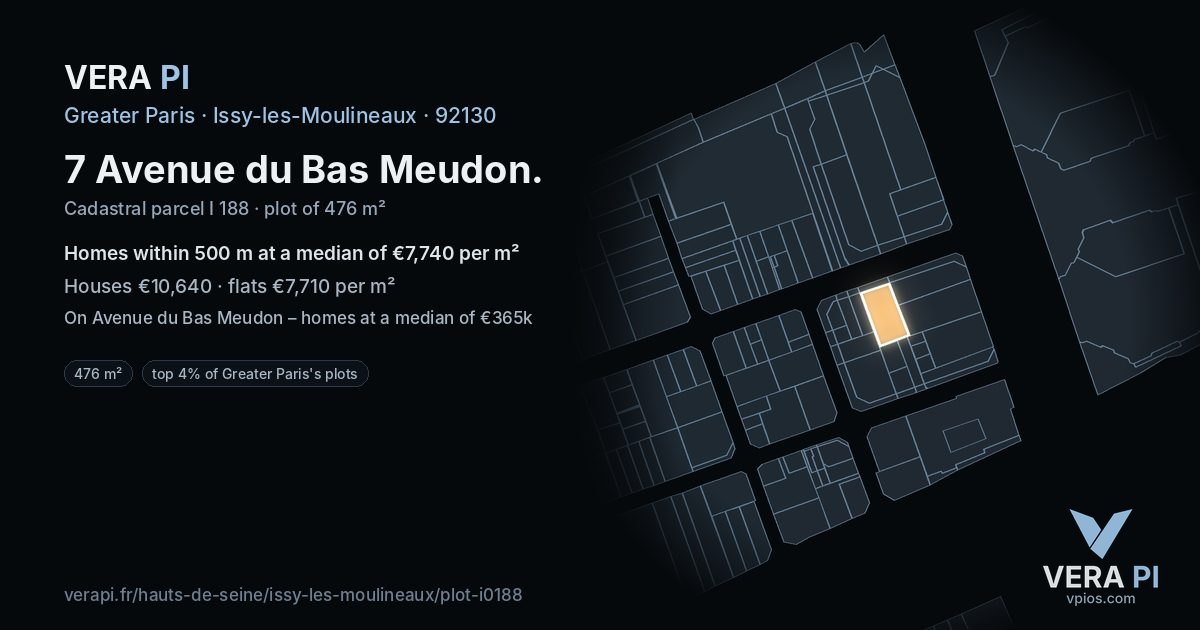 7 Avenue du Bas Meudon, Issy-les-Moulineaux at night – the plot lit, the parcels around coloured by the prices near them