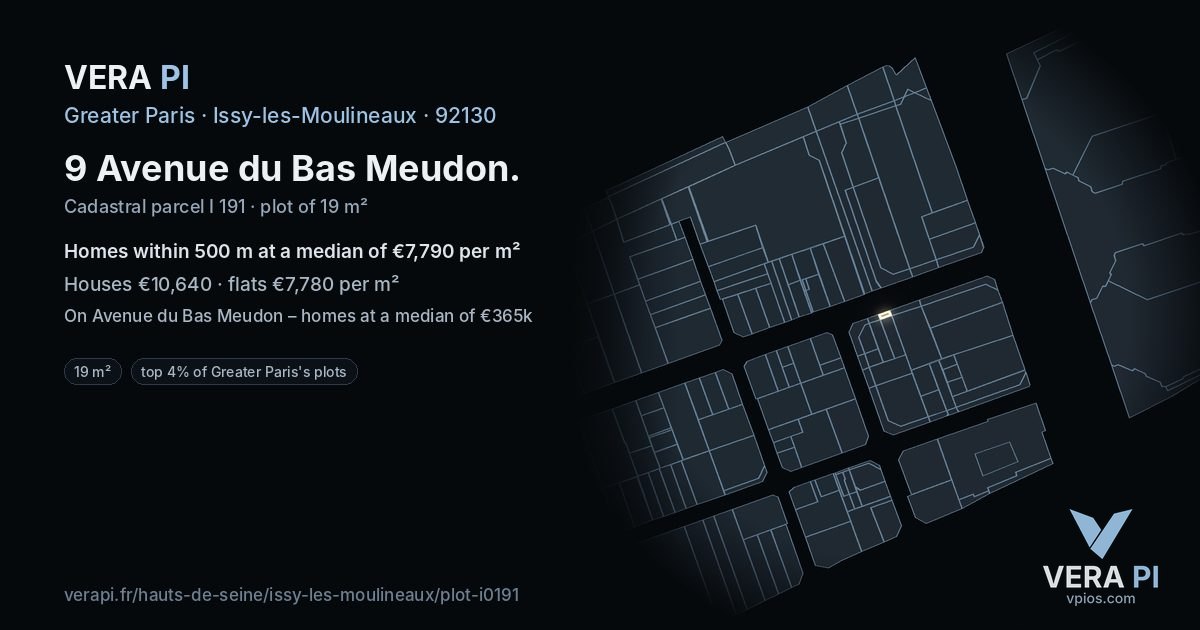 9 Avenue du Bas Meudon, Issy-les-Moulineaux at night – the plot lit, the parcels around coloured by the prices near them