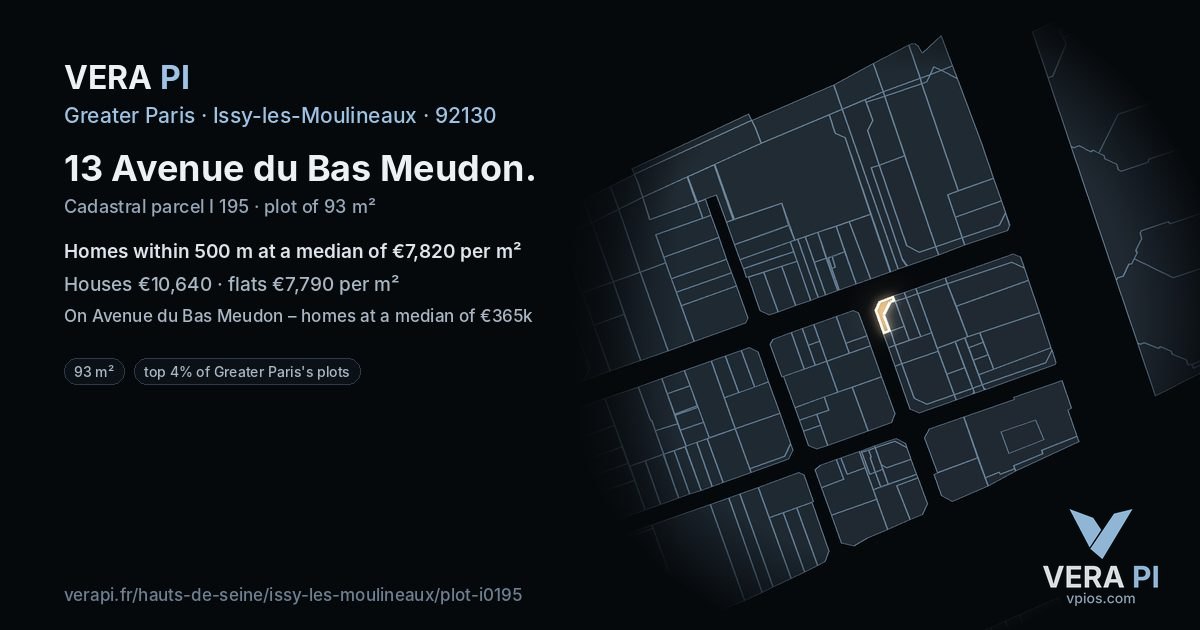 13 Avenue du Bas Meudon, Issy-les-Moulineaux at night – the plot lit, the parcels around coloured by the prices near them