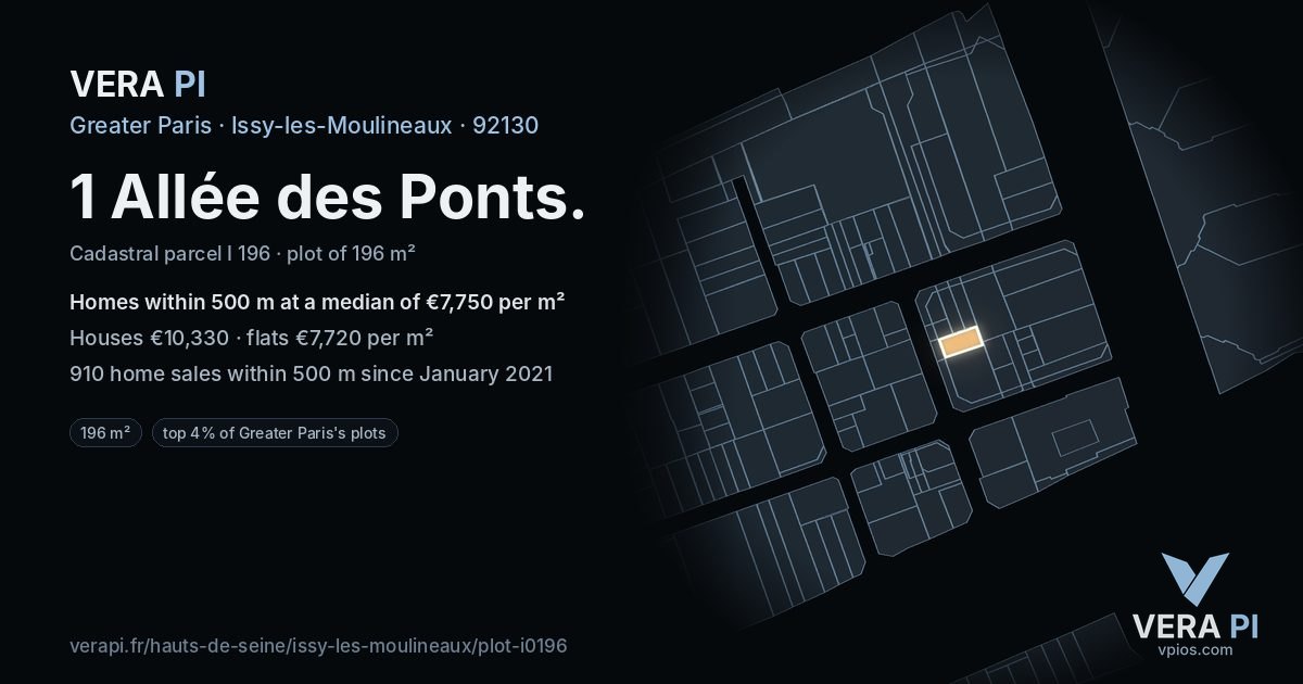 1 Allée des Ponts, Issy-les-Moulineaux at night – the plot lit, the parcels around coloured by the prices near them