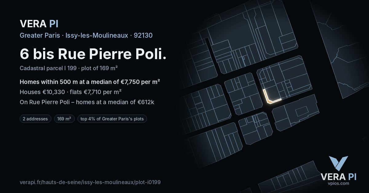 6 bis Rue Pierre Poli, Issy-les-Moulineaux at night – the plot lit, the parcels around coloured by the prices near them
