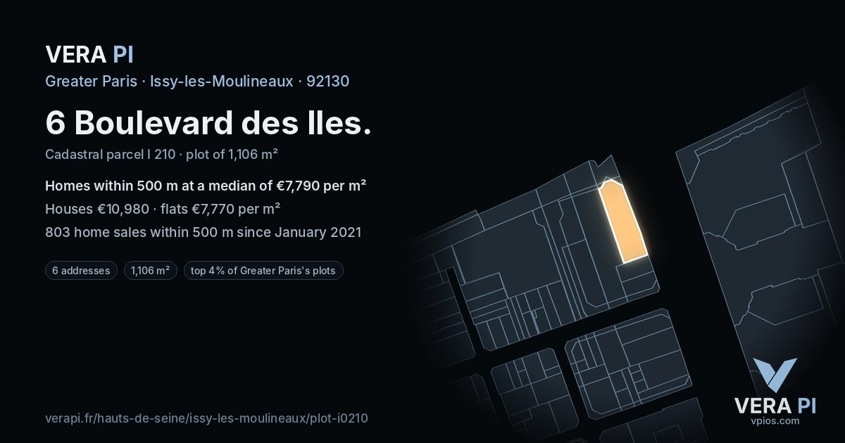 6 Boulevard des Iles, Issy-les-Moulineaux at night – the plot lit, the parcels around coloured by the prices near them