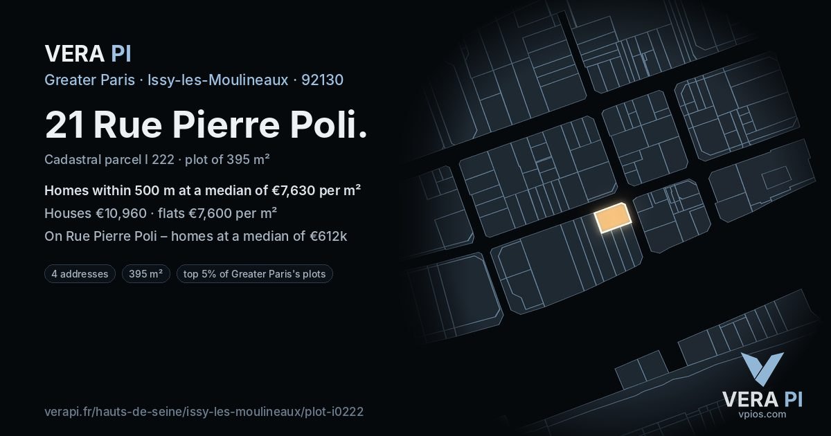 21 Rue Pierre Poli, Issy-les-Moulineaux at night – the plot lit, the parcels around coloured by the prices near them