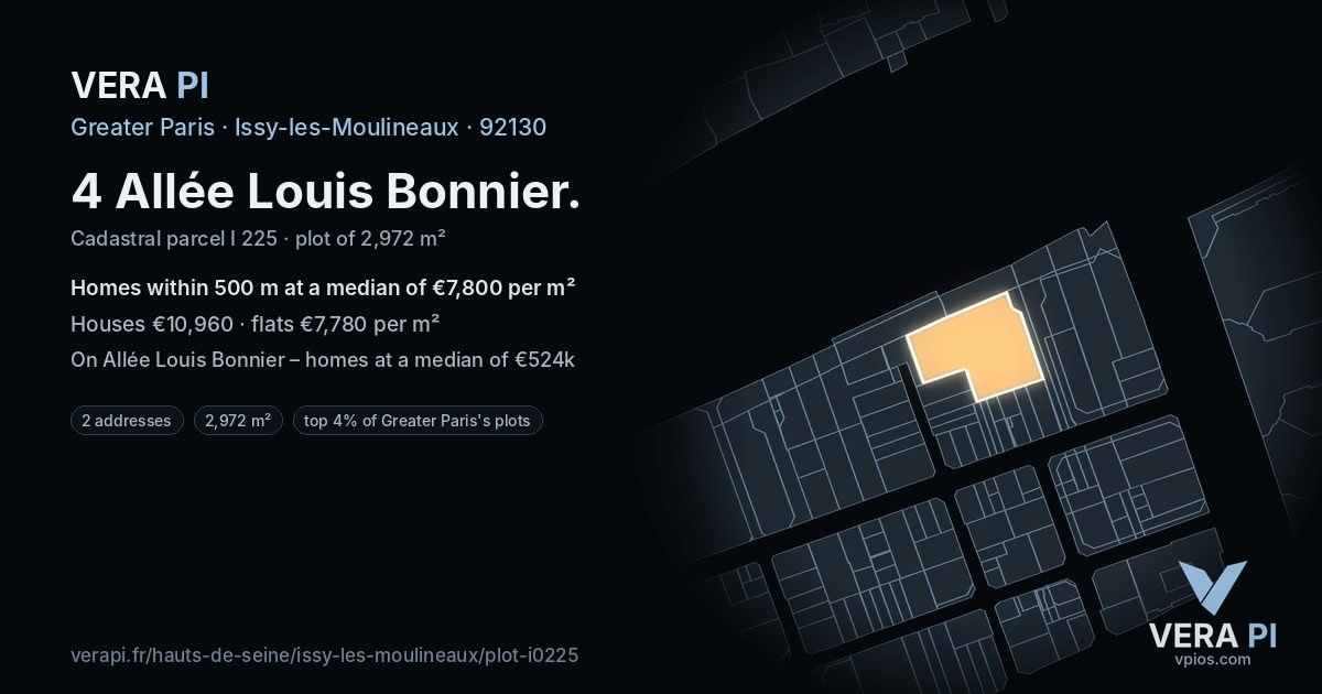 4 Allée Louis Bonnier, Issy-les-Moulineaux at night – the plot lit, the parcels around coloured by the prices near them