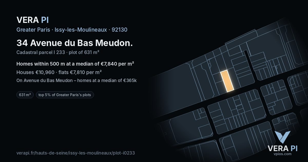 34 Avenue du Bas Meudon, Issy-les-Moulineaux at night – the plot lit, the parcels around coloured by the prices near them