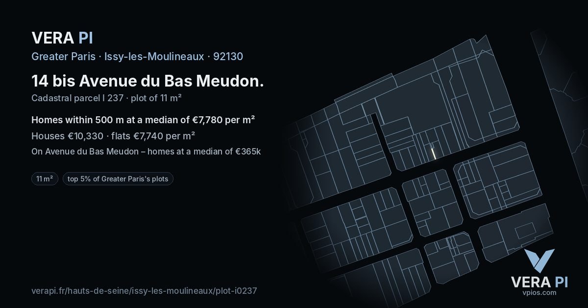 14 bis Avenue du Bas Meudon, Issy-les-Moulineaux at night – the plot lit, the parcels around coloured by the prices near them