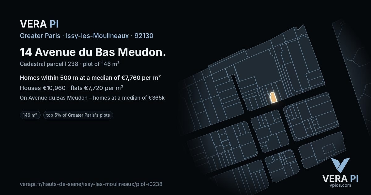 14 Avenue du Bas Meudon, Issy-les-Moulineaux at night – the plot lit, the parcels around coloured by the prices near them