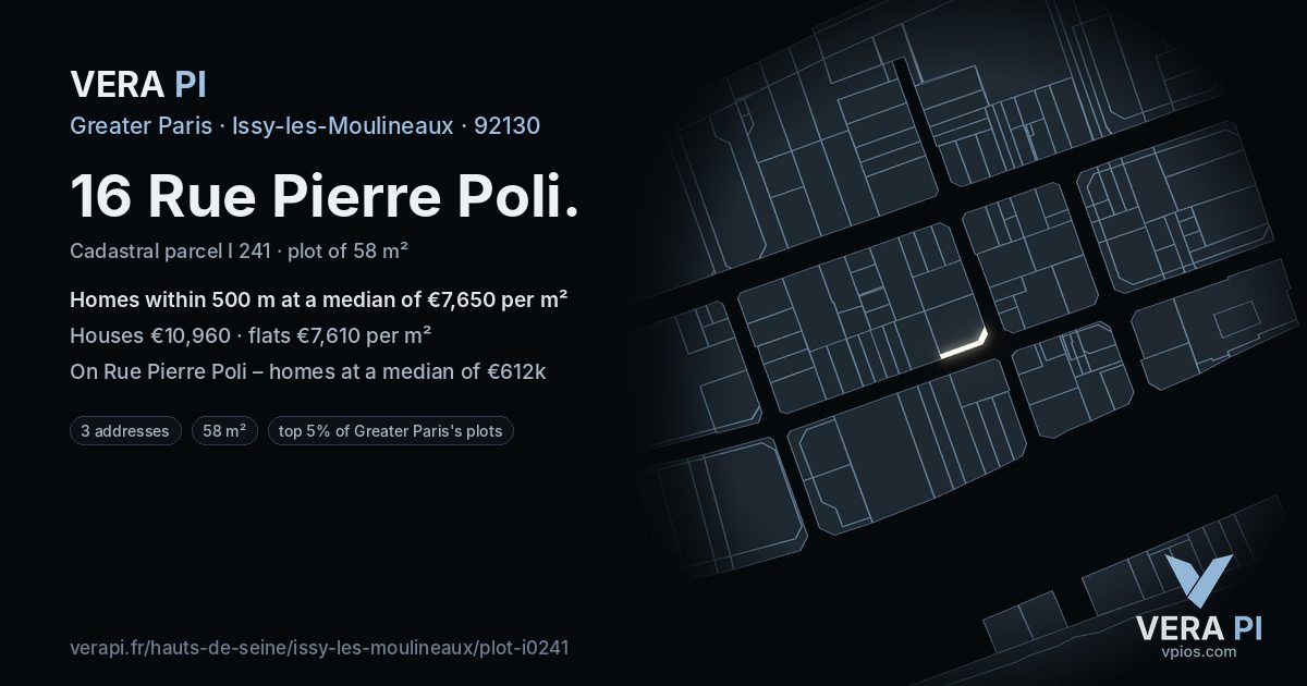 16 Rue Pierre Poli, Issy-les-Moulineaux at night – the plot lit, the parcels around coloured by the prices near them