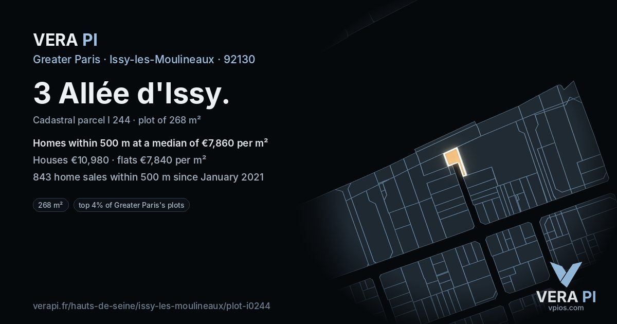 3 Allée d'Issy, Issy-les-Moulineaux at night – the plot lit, the parcels around coloured by the prices near them