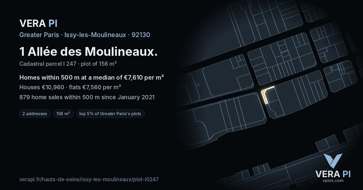 1 Allée des Moulineaux, Issy-les-Moulineaux at night – the plot lit, the parcels around coloured by the prices near them