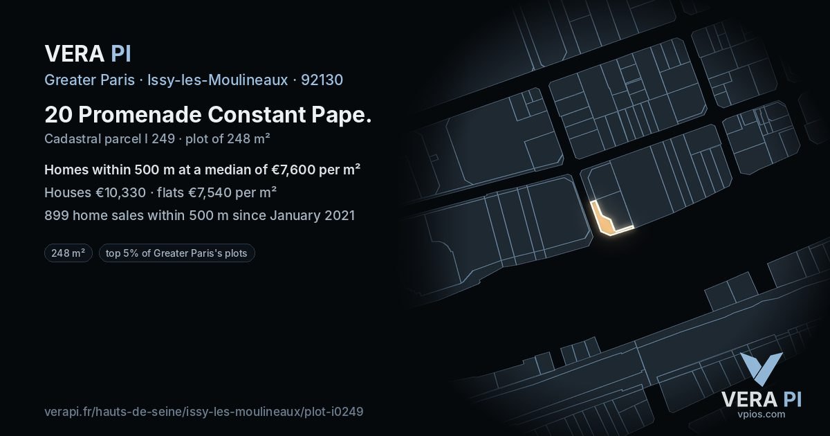 20 Promenade Constant Pape, Issy-les-Moulineaux at night – the plot lit, the parcels around coloured by the prices near them